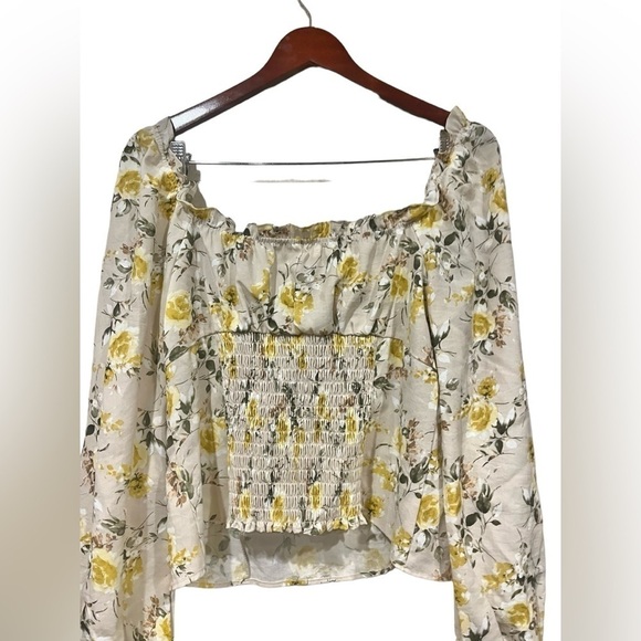Row.A Long sleeved Ruffle Floral Blouse Top Smocked Off Shoulder Tan & Yellow XL - Picture 3 of 7